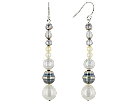 Cultured Multicolor Japanese Akoya, Tahitian & White South Sea Pearl Rhodium Over Sterling Earrings