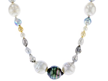 Picture of Cultured Tahitian, White South Sea, Multicolor Japanese Akoya Pearl Rhodium Over Sterling Necklace