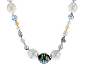 Cultured Tahitian, White South Sea, Multicolor Japanese Akoya Pearl Rhodium Over Sterling Necklace