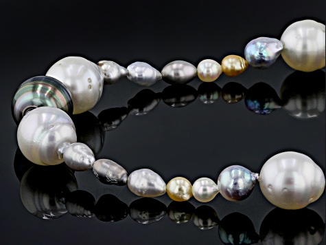 Cultured Tahitian, White South Sea, Multicolor Japanese Akoya Pearl Rhodium Over Sterling Necklace