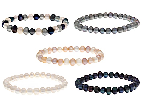 Multicolor Cultured Freshwater Pearl Elastic Stretch Bracelet Set of 5