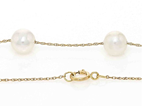 White Cultured Freshwater Pearl 14k Yellow Gold Station Necklace