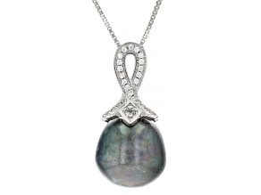 Black Cultured Freshwater Pearl and Cubic Zirconia Rhodium Over Sterling Silver Pendant