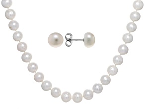 White Cultured Freshwater Pearl Rhodium Over Sterling Silver Necklace and Stud Set