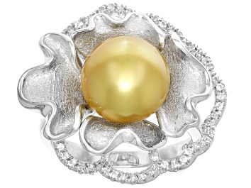 Picture of Golden Cultured South Sea Pearl and White Topaz Rhodium Over Sterling Silver Ring