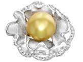 Golden Cultured South Sea Pearl and White Topaz Rhodium Over Sterling Silver Ring