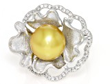 Golden Cultured South Sea Pearl and White Topaz Rhodium Over Sterling Silver Ring