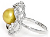 Golden Cultured South Sea Pearl and White Topaz Rhodium Over Sterling Silver Ring