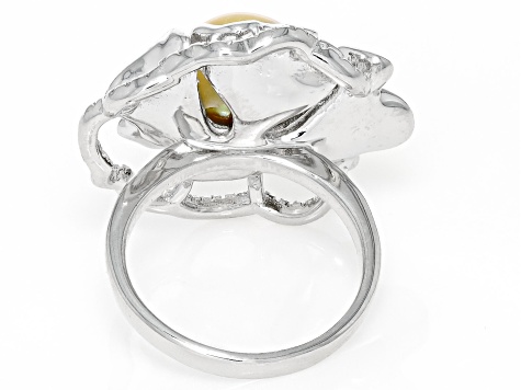 Golden Cultured South Sea Pearl and White Topaz Rhodium Over Sterling Silver Ring