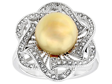 Golden Cultured South Sea Pearl and White Topaz Rhodium Over Sterling Silver Ring