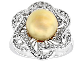 Golden Cultured South Sea Pearl and White Topaz Rhodium Over Sterling Silver Ring