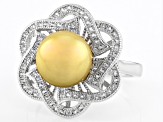 Golden Cultured South Sea Pearl and White Topaz Rhodium Over Sterling Silver Ring