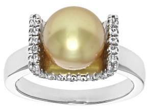 Golden Cultured South Sea Pearl and White Topaz Rhodium Over Sterling Silver Ring