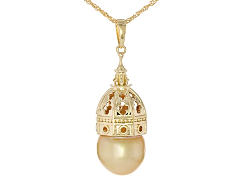 Golden Cultured South Sea Pearl 18k Yellow Gold Over Sterling Silver Pendant with Chain