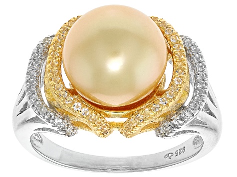 Golden Cultured South Sea Pearl with Topaz Rhodium & 18k Gold Over Sterling Silver Two-Tone Ring