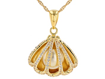 Picture of Golden Cultured South Sea Pearl and White Topaz 18k Gold Over Sterling Silver Seashell Pendant