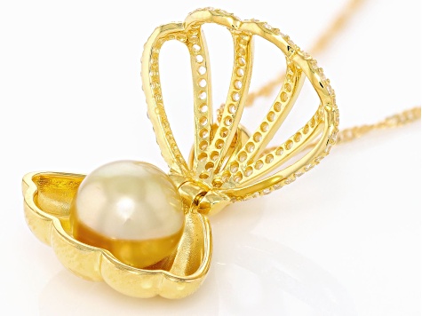 Golden Cultured South Sea Pearl and White Topaz 18k Gold Over Sterling Silver Seashell Pendant