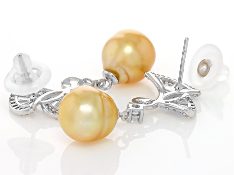 Golden Cultured South Sea Pearl and White Topaz Rhodium Over Sterling Silver Earrings