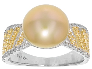 Picture of Golden Cultured South Sea Pearl & White Topaz Rhodium and 18k Yellow Gold Over Silver Ring