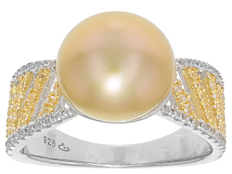 Golden Cultured South Sea Pearl & White Topaz Rhodium and 18k Yellow Gold Over Silver Ring