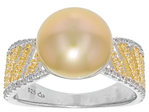 Golden Cultured South Sea Pearl & White Topaz Rhodium and 18k Yellow Gold Over Silver Ring