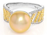 Golden Cultured South Sea Pearl & White Topaz Rhodium and 18k Yellow Gold Over Silver Ring