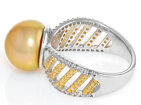 Golden Cultured South Sea Pearl & White Topaz Rhodium and 18k Yellow Gold Over Silver Ring