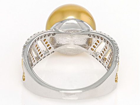 Golden Cultured South Sea Pearl & White Topaz Rhodium and 18k Yellow Gold Over Silver Ring