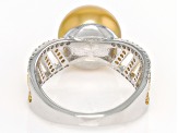 Golden Cultured South Sea Pearl & White Topaz Rhodium and 18k Yellow Gold Over Silver Ring