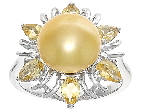 Golden Cultured South Sea Pearl and Citrine Rhodium Over Sterling Silver Ring