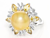 Golden Cultured South Sea Pearl and Citrine Rhodium Over Sterling Silver Ring