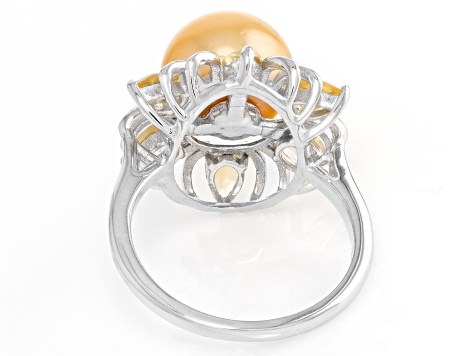 Golden Cultured South Sea Pearl and Citrine Rhodium Over Sterling Silver Ring