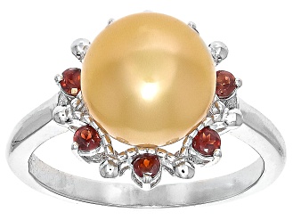 Golden Cultured South Sea Pearl and Garnet Rhodium Over Sterling Silver Ring