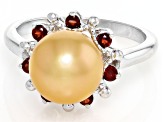 Golden Cultured South Sea Pearl and Garnet Rhodium Over Sterling Silver Ring