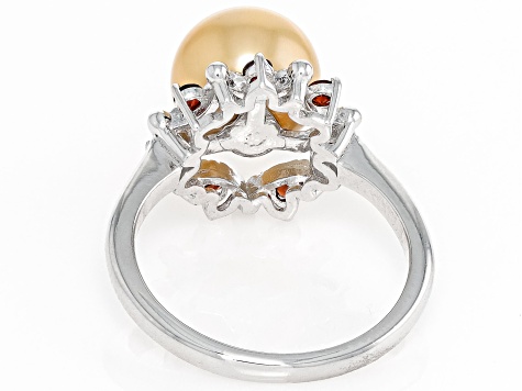 Golden Cultured South Sea Pearl and Garnet Rhodium Over Sterling Silver Ring