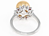 Golden Cultured South Sea Pearl and Garnet Rhodium Over Sterling Silver Ring