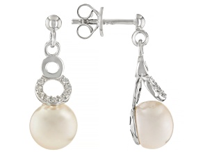 White Cultured Freshwater Pearl and Cubic Zirconia Rhodium Over Sterling Silver Earrings