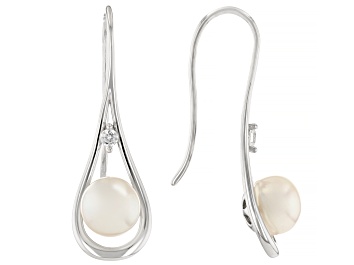 Picture of White Cultured Freshwater Pearl with Cubic Zirconia Rhodium Over Sterling Silver Earrings