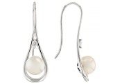 White Cultured Freshwater Pearl with Cubic Zirconia Rhodium Over Sterling Silver Earrings