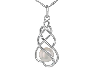 White Cultured Freshwater Pearl Rhodium Over Sterling Silver Pendant with Chain