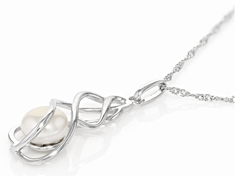White Cultured Freshwater Pearl Rhodium Over Sterling Silver Pendant with Chain