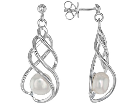 White Cultured Freshwater Pearl Rhodium Over Sterling Silver Earrings