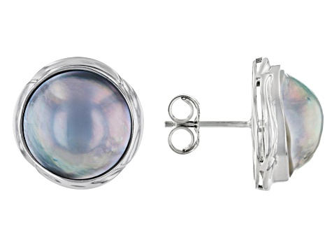 Platinum Cultured South Sea Mabe Pearl Rhodium Over Sterling Silver Stud Earrings