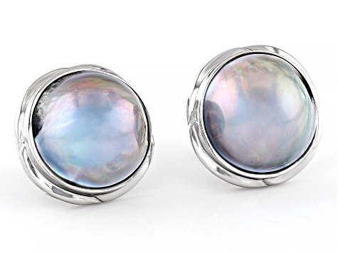 Platinum Cultured South Sea Mabe Pearl Rhodium Over Sterling Silver Stud Earrings