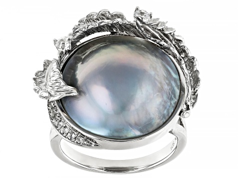 Platinum Cultured Mabe Pearl Rhodium Over Sterling Silver Ring