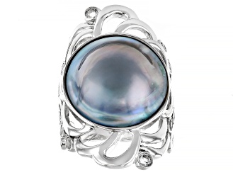 Platinum Cultured South Sea Mabe Pearl With White Topaz Rhodium Over Sterling Silver Ring