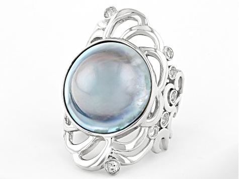 Platinum Cultured South Sea Mabe Pearl With White Topaz Rhodium Over Sterling Silver Ring