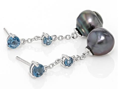 Cultured Tahitian Pearl and London Blue Topaz Rhodium Over Sterling Silver Earrings