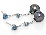 Cultured Tahitian Pearl and London Blue Topaz Rhodium Over Sterling Silver Earrings