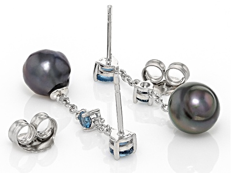 Cultured Tahitian Pearl and London Blue Topaz Rhodium Over Sterling Silver Earrings